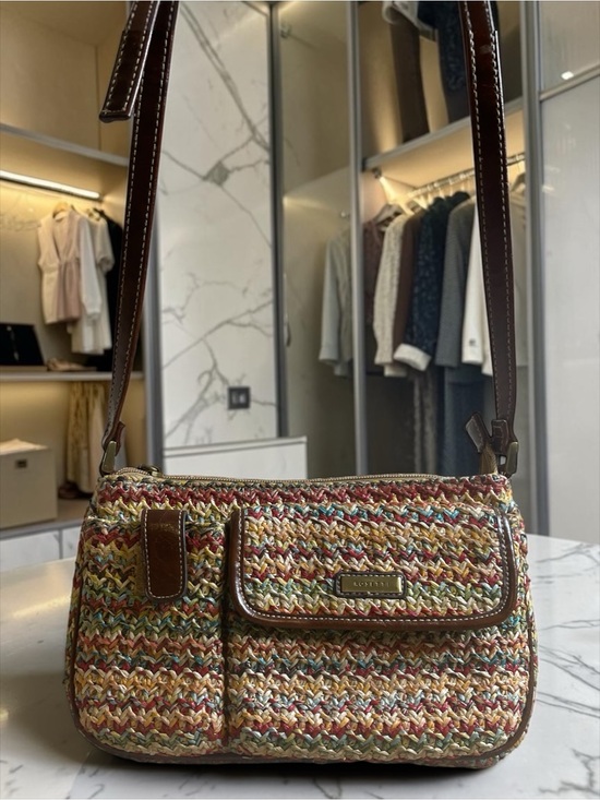 Handbags - Rosetti Multicolor Woven Straw Crossbody Bag Brown Leather Trim Purse